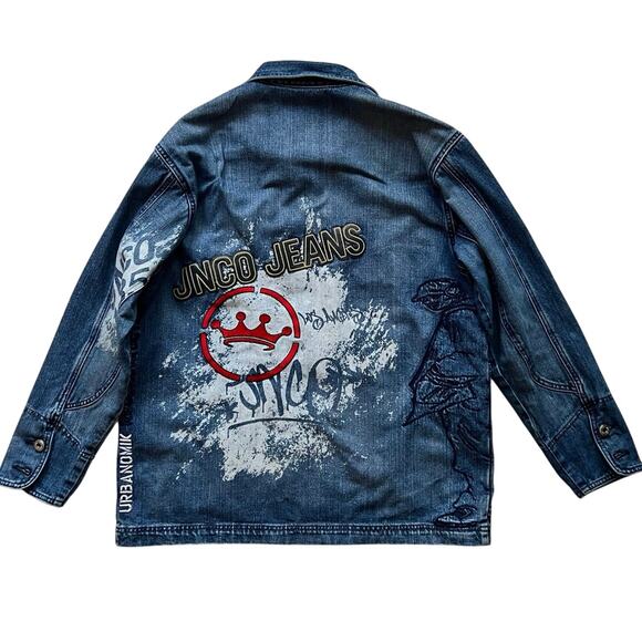 Vintage JNCO Jeans Denim Jacket Y2K Streetwear Graphic Logo Blue Mens - Picture 2 of 9